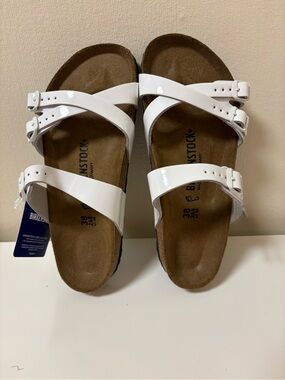 Birkenstock Franca White Patent Leather Sandals Slides Sz 38